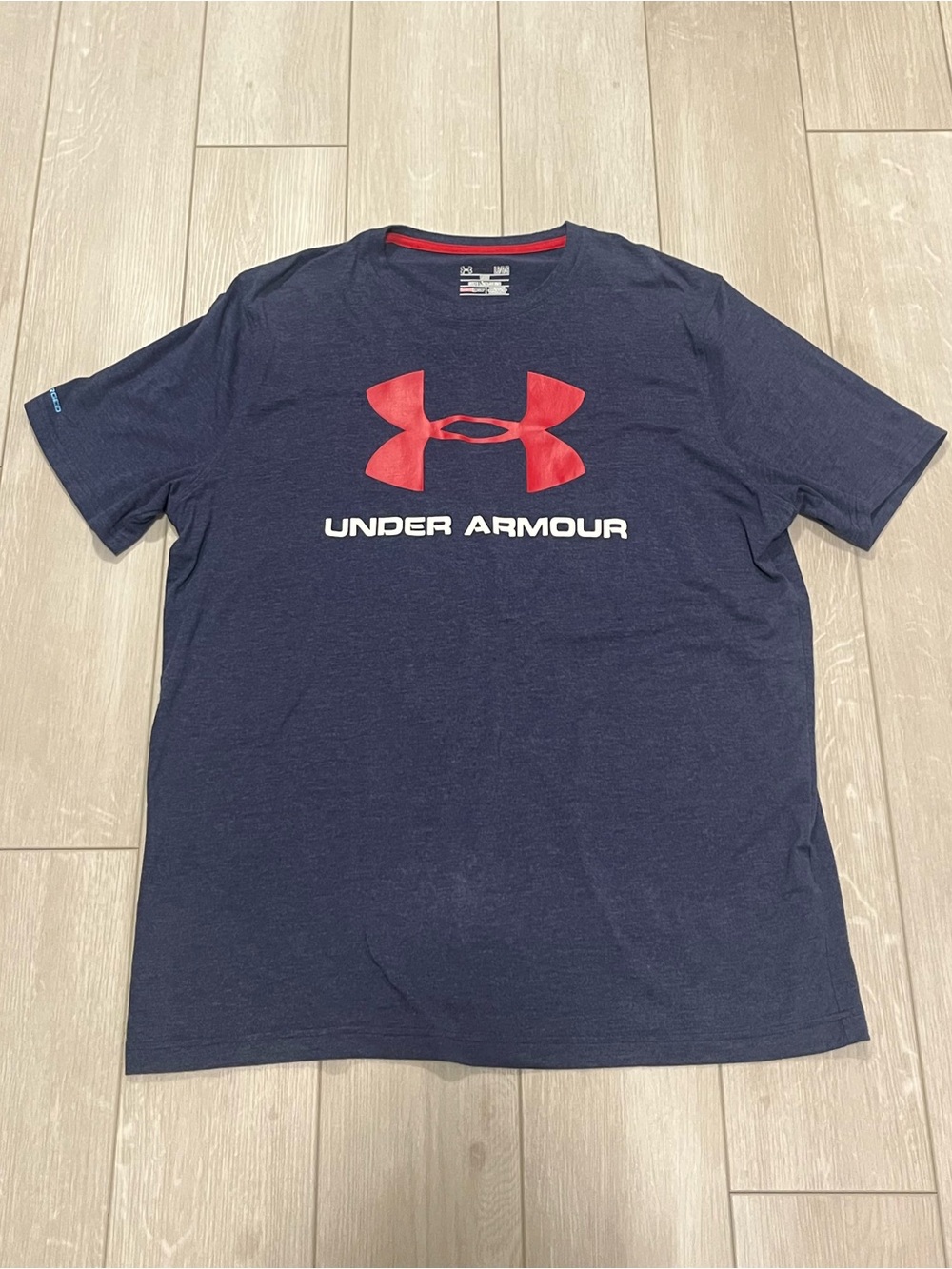 Under Armour Navy Short Sleeve Tee with Red Logo and White Wordmark